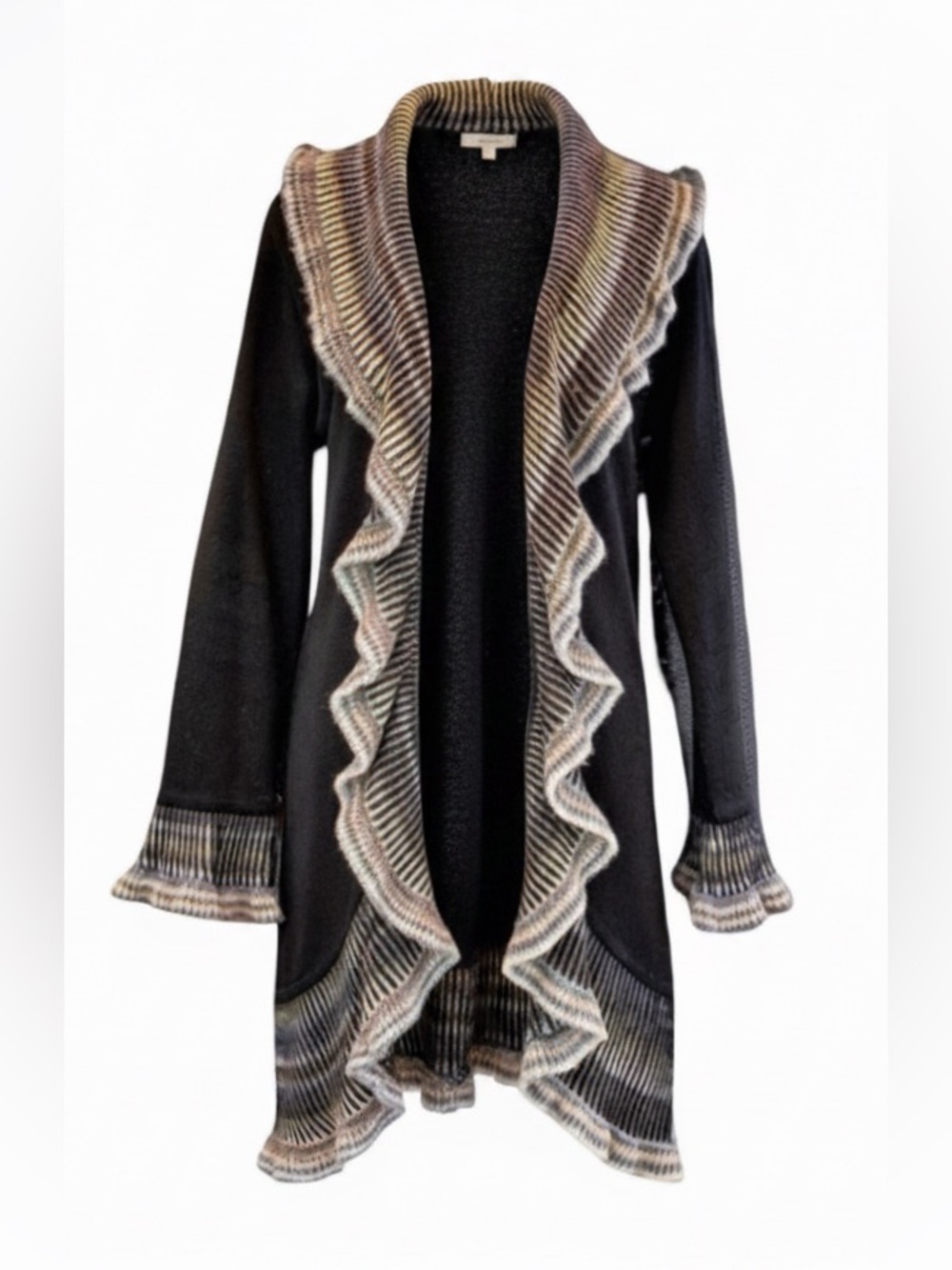 ANGEN Merino Wool Ruffle Shawl Collar Cardigan | Small | Multicolor Trim | Italy